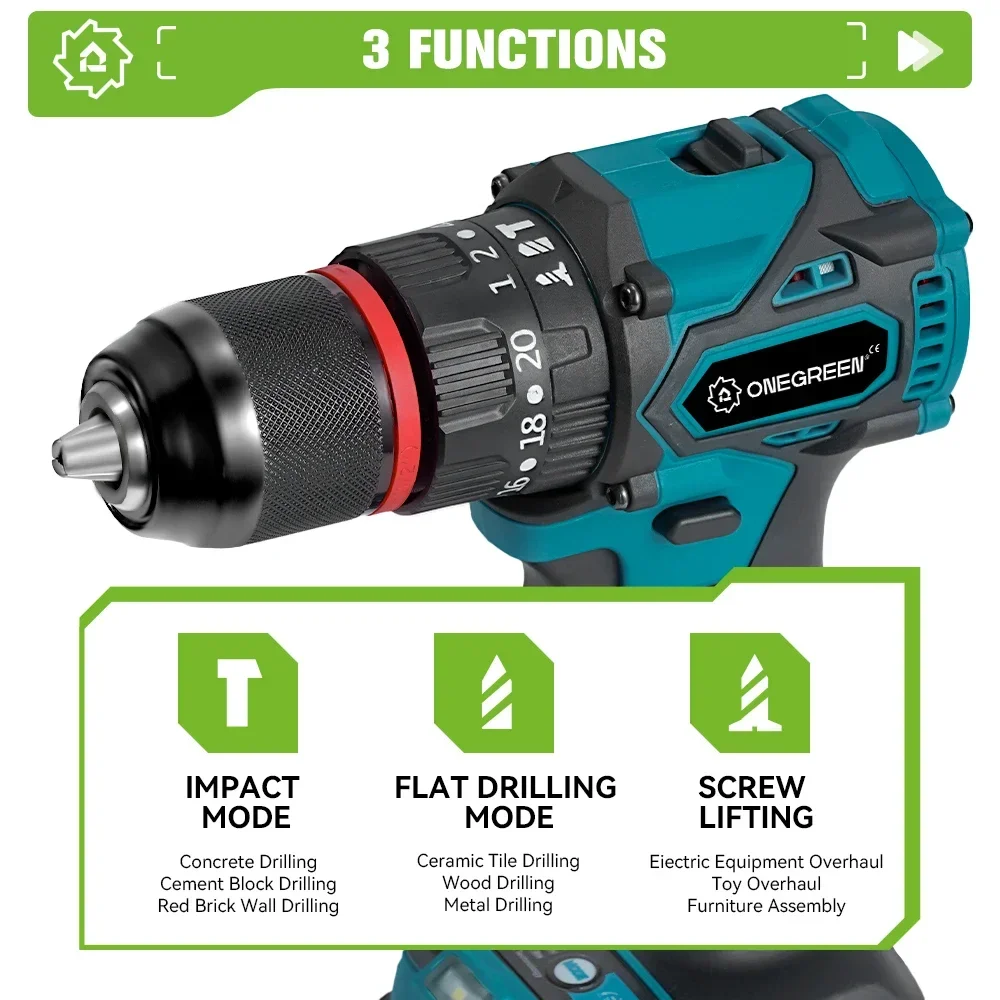 ONEGREEN 480N.M 13mm Brushless Electric Impact Drill Cordless Drill Electric Screwdriver Power Tools For Makita 18V Battery Pin