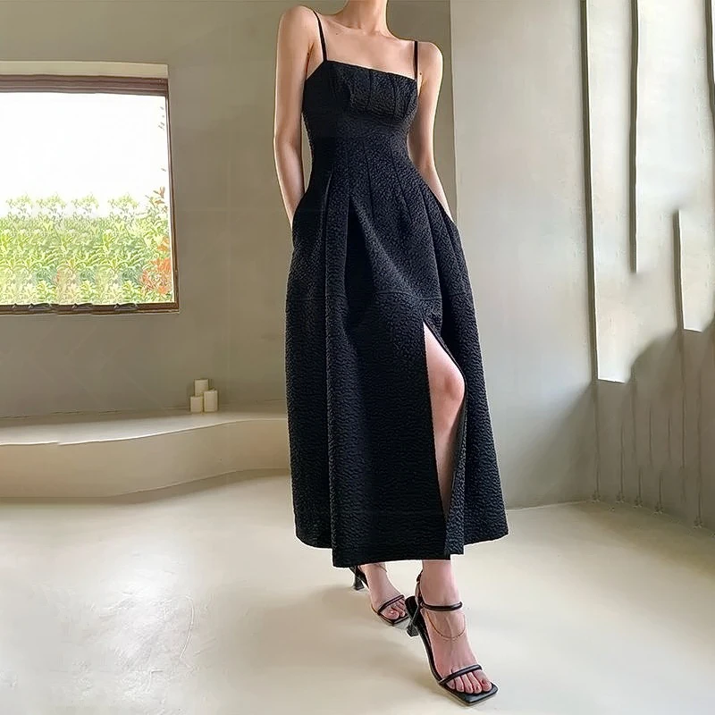 Vintage Black Sling Dress Women Hepburn Style French Split Waist Slim Jacquard Dresses Summer 2024 New Fashion Female's Clothing