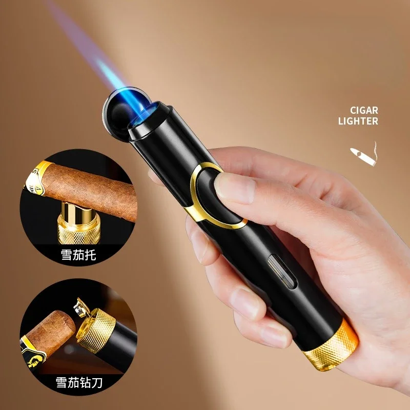 Windproof Pen Type Cigar Lighter Multifunctional Cigar Holder Puncher Igniter Personalized Inflatable Lighter Men's Smoking Tool