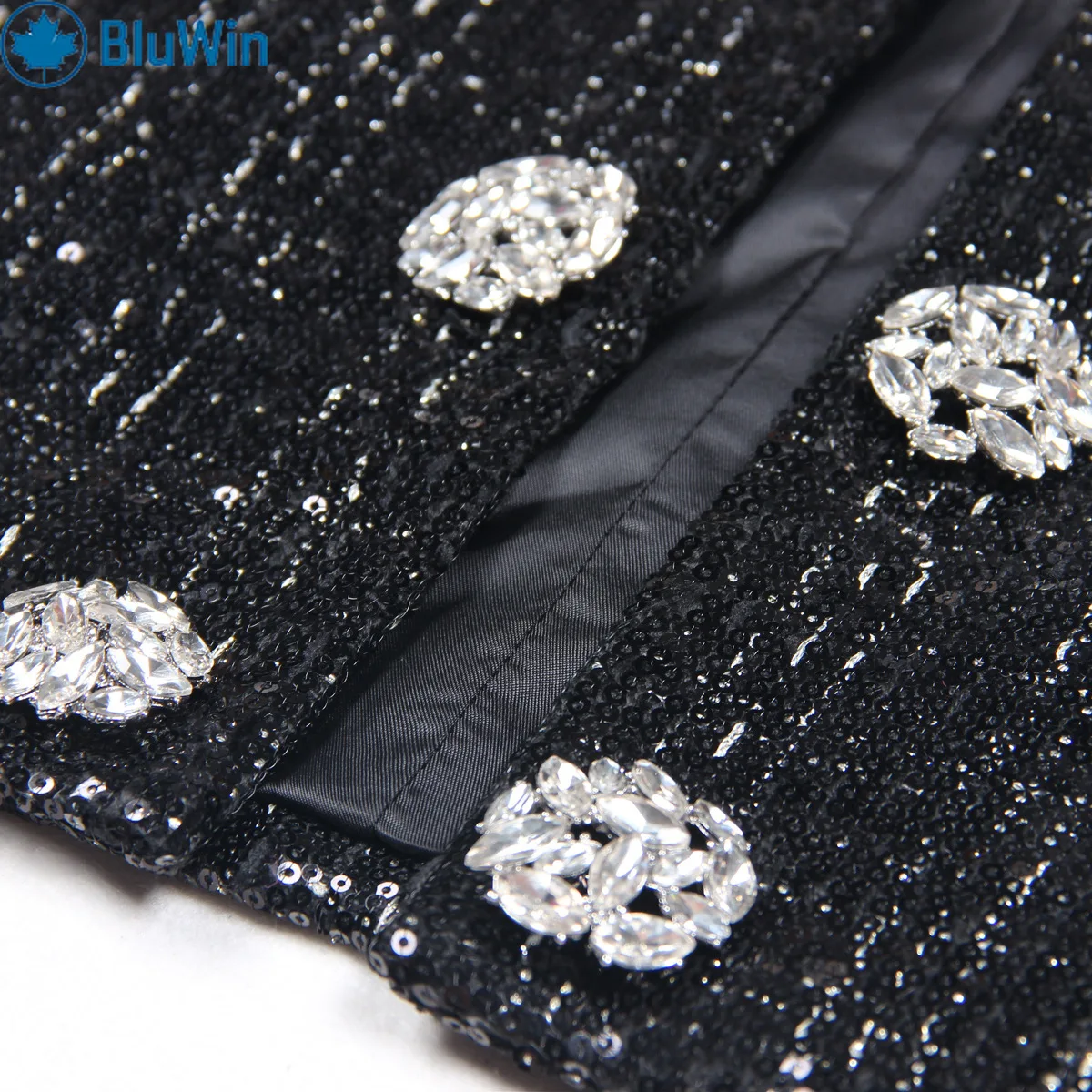 BluWin Elegant Black Tweed Jacket – Crystal Button Details for a Timeless, Sophisticated Look