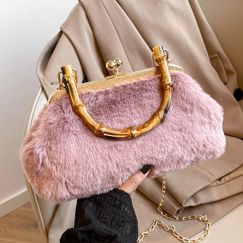 Plush Bag Top Brand Shell Handbag Vintage Bamboo Handle Tote Fashion Winter Clutch Bag For Women VELOUR Shoulder Crossbody Bag