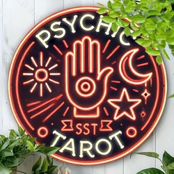 Psychic Tarot Neon Sign Round Metal Wall Art Durable Aluminum Wall Decor for Home Ideal Gift for Living Room Bar Cafe Outdoor
