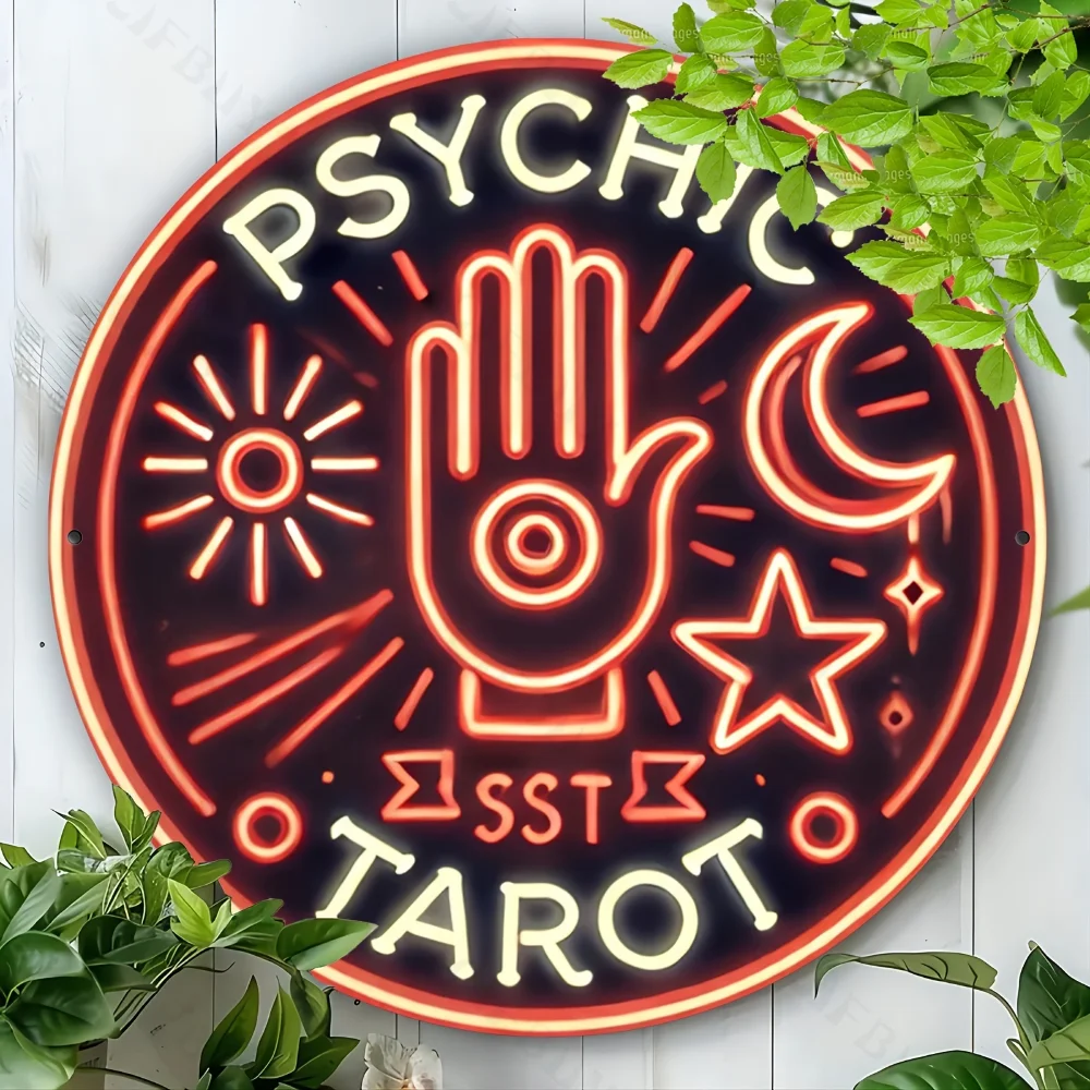 Psychic Tarot Neon Sign Round Metal Wall Art Durable Aluminum Wall Decor for Home Ideal Gift for Living Room Bar Cafe Outdoor