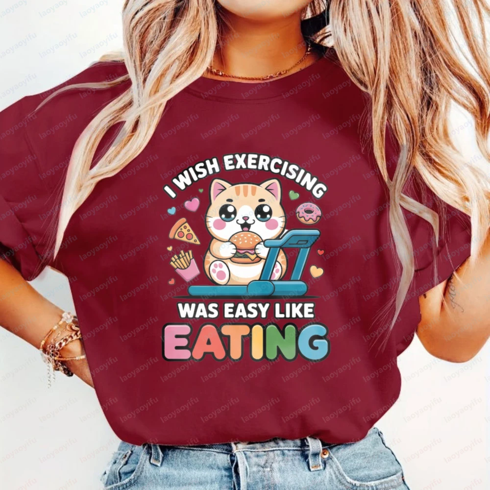 Funny Gym Cat Shirt Cute Workout Humor T-Shirt for Cat Lovers Lazy Fitness Joke Food Lover Gift Casual Kawaii Clothes for Women