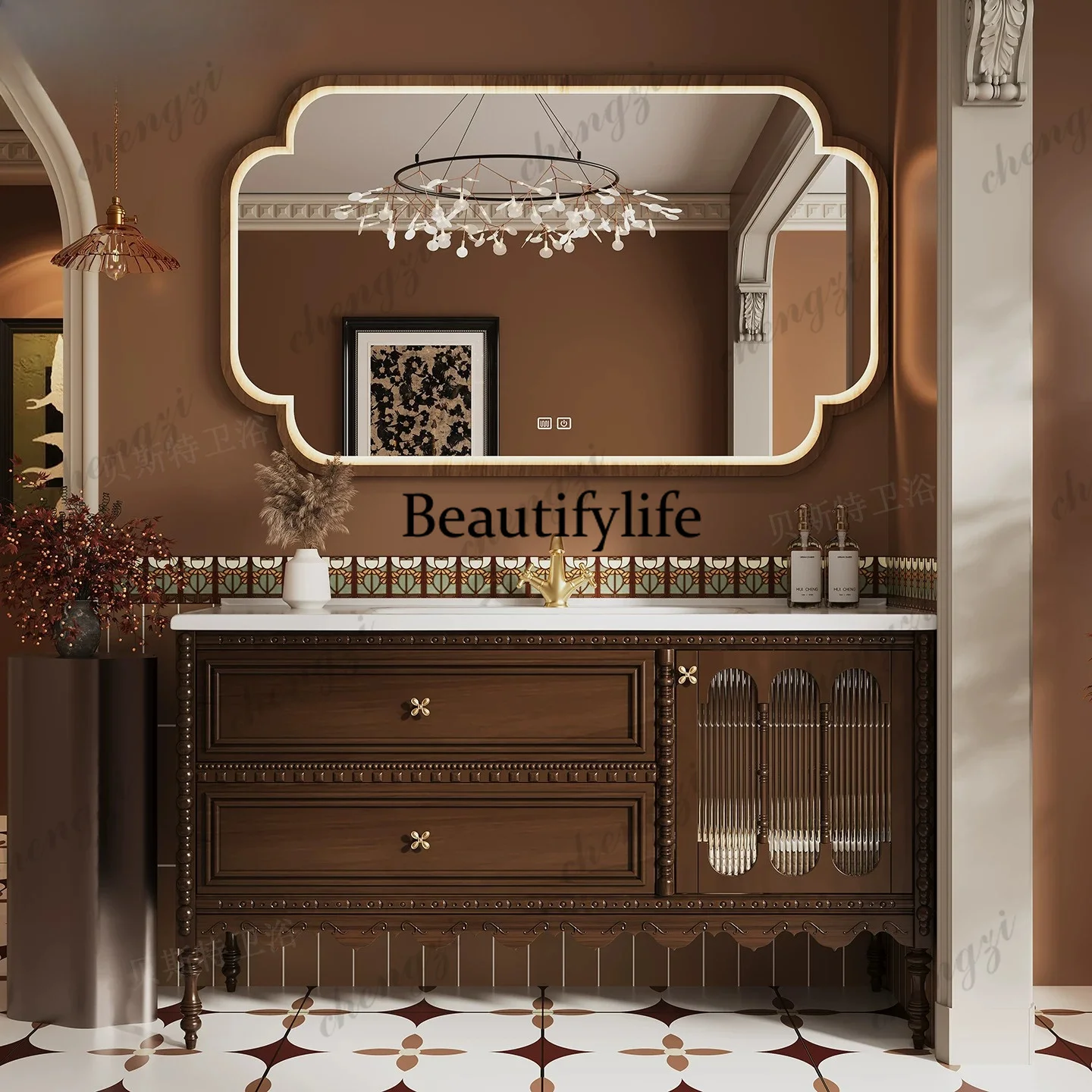 High-end original design oak bathroom cabinet combination floor-to-ceiling ceramic integrated basin washstand