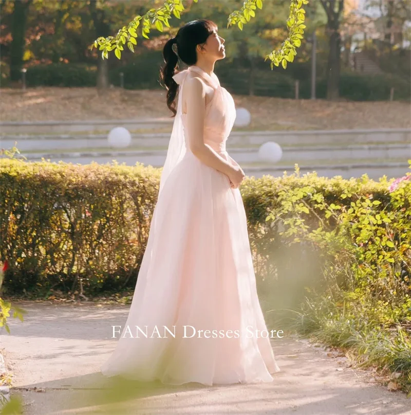

OLOEY Fairy Organza Halter Evening Party Dresses Korea Pink Elegant Backless Wedding Women Gowns Event Prom Gowns Customized