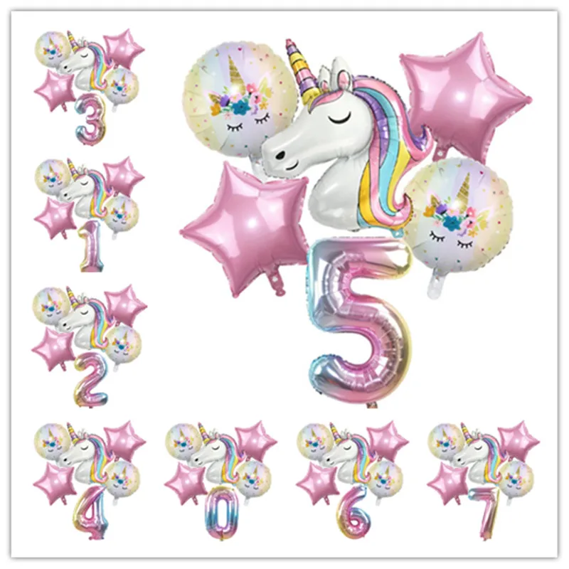 Rainbow Unicorn Balloon Number Foil Globos 1 2 3 4 Years Old Birthday Party Decoration Kid Unicorn Theme Party Wedding Balls Toy