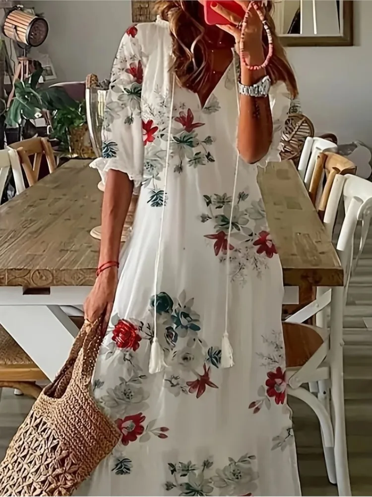 

Holiday Style Flowers Summer V-neck Mid-waist Fashion Long Skirt Women's Elegant Style Casual Comfortable Short-sleeved Dresses