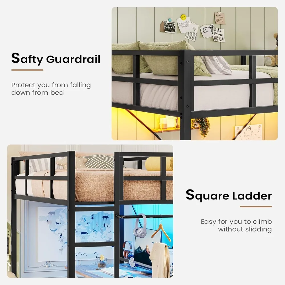 Cama alta dupla com luzes LED, cama alta de metal tamanho duplo com guarda-corpo de comprimento total, rack de roupas, estrutura de cama loft de metal resistente