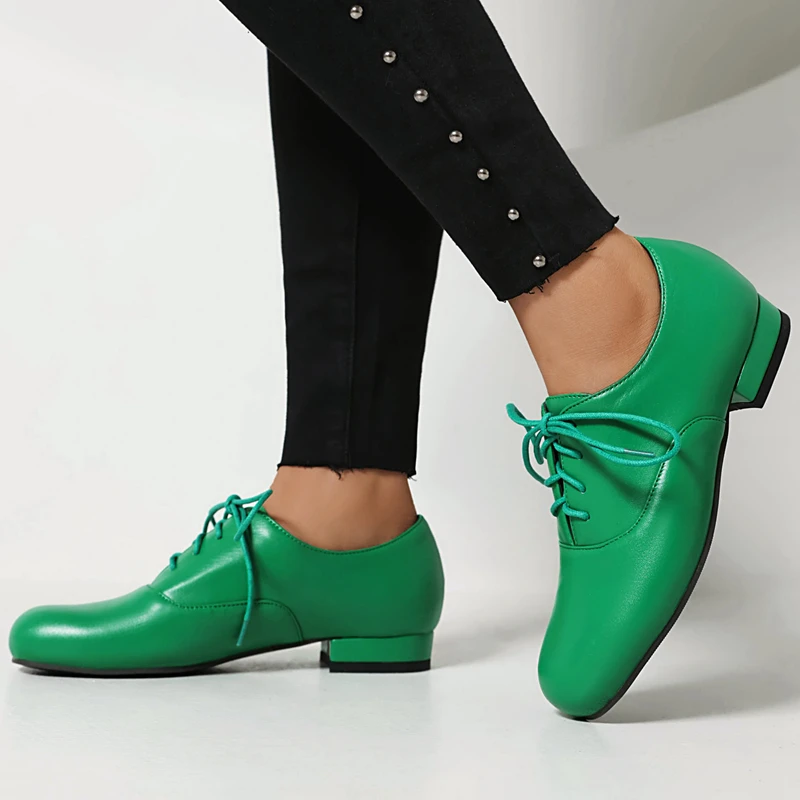 Black White Green Vintage Round Toe Flat Heel Autumn Spring New Lace Up Cross-tied Oxford Shoes Casual Flats Footwear Size 34-45