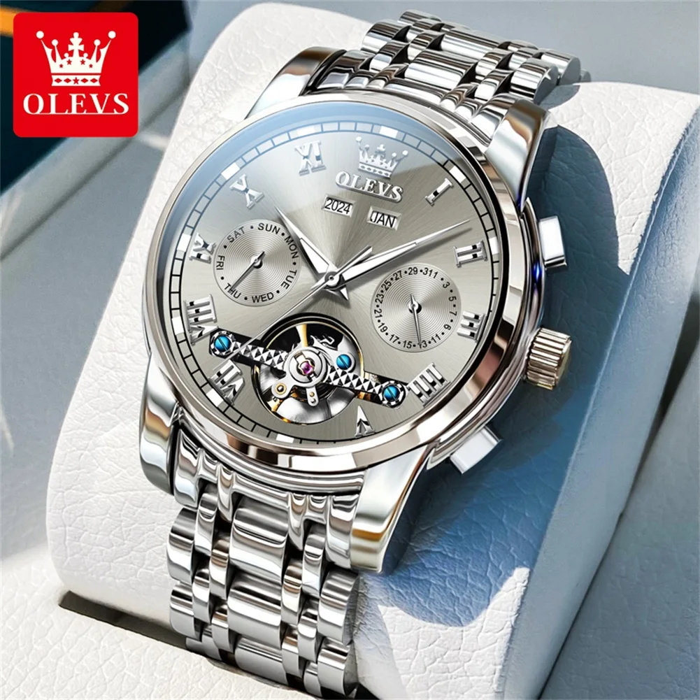 

OLEVS 6607 Automatic Men's Watches Classical Roman Scale Stainless steel Waterproof Calendar Men's Wristwatches NEW Grey Watches