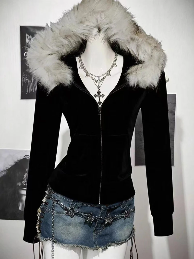2026 Harajuku Faux Fur Collar Hooded Jacket American Vintage Women Y2K Slim Waist Belted Hot Girl Trendy Sweatshirt Coat