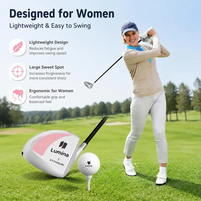 12 °   Club de golf individuel pour femmes 460CC, clubs entièrement assortis répondant aux besoins de pratique quotidiens, sac léger facile à transporter sur le terrain de golf.