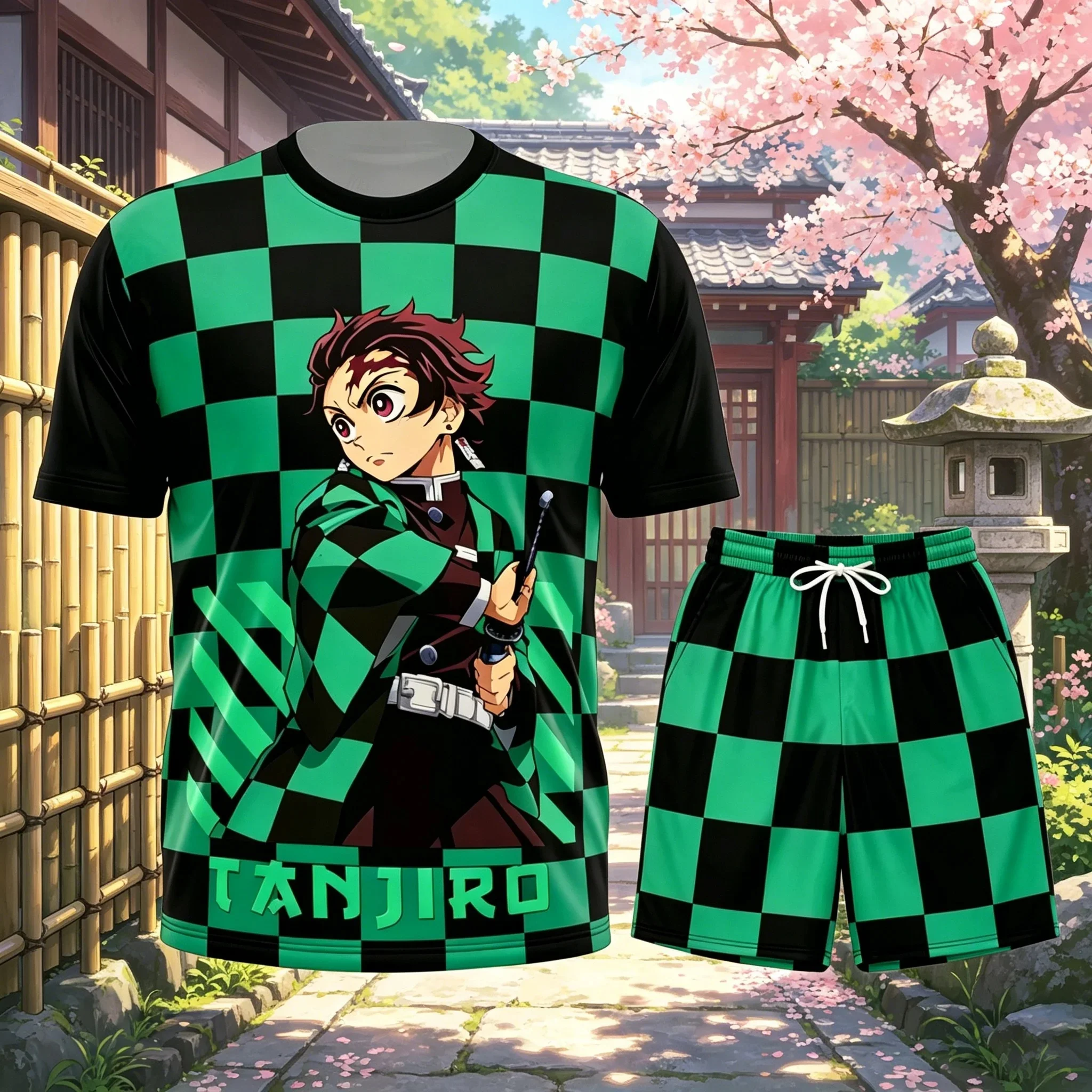 26/27 New Anime Demon Slayer Short Shorts Set for Children, Loose Breathable Short Sleeves, Fashionable and Casual Wear
