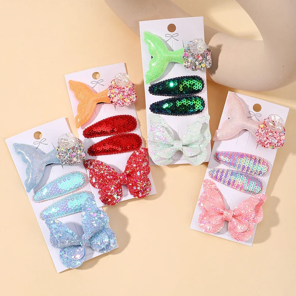 4pcs/set Girls Sequin Fish Tail Butterfly Hairpins Children Kids BB Hair Clips Barrettes Baby Accessories Hairclip Headwear Gift