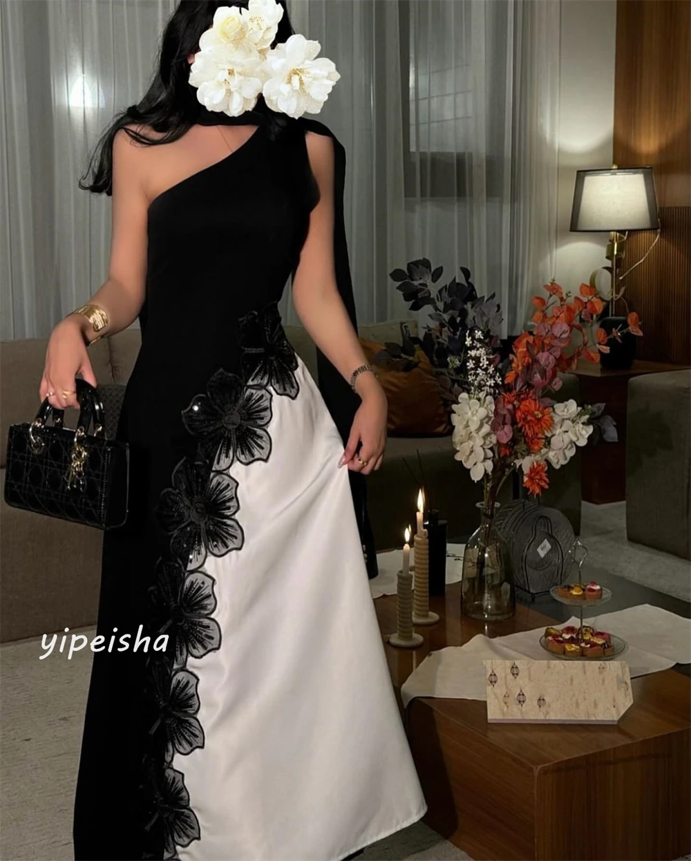 Jersey Flower Beading Ruched Formal Evening A-line One-shoulder Bespoke Occasion Gown Midi Dresses