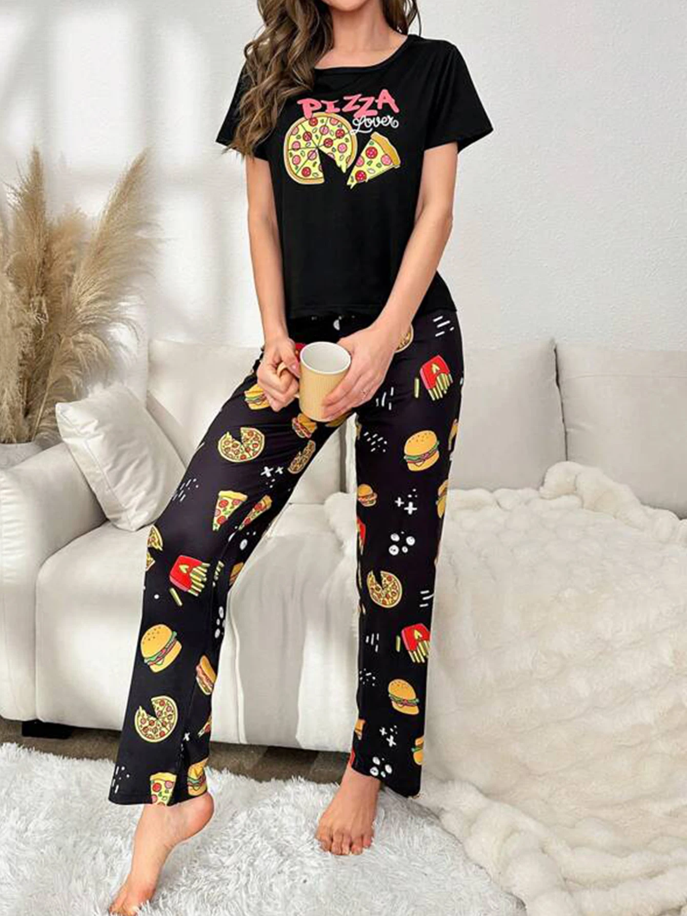 Women Pajama Set Cartoon Pizza Print Short Sleeves Crew Neck Top Allover Print Fast Food Icons Pants Summer Sleepwear Set Cute