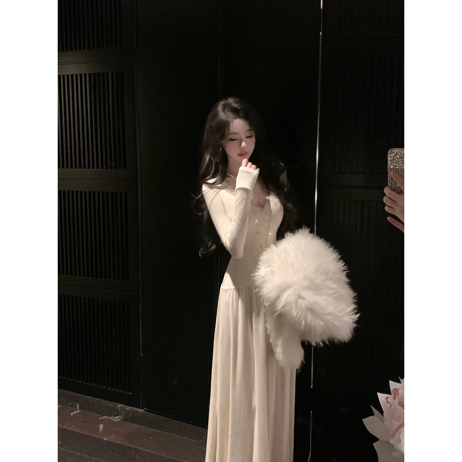 

Ele Long Sve Lace Splice Slim Fit V-Ne Diamond Studded Dr Sy Autumn Winter New Sle Korean Sle Dr