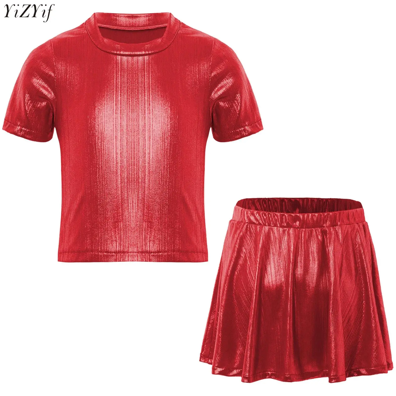 

2Pcs/Set Kids Girls Hip-Hop Jazz Cheerleading Dance Outfits Shiny Metallic Short Sleeve T-shirts Crop Top+Shimmery Ruffled Skirt