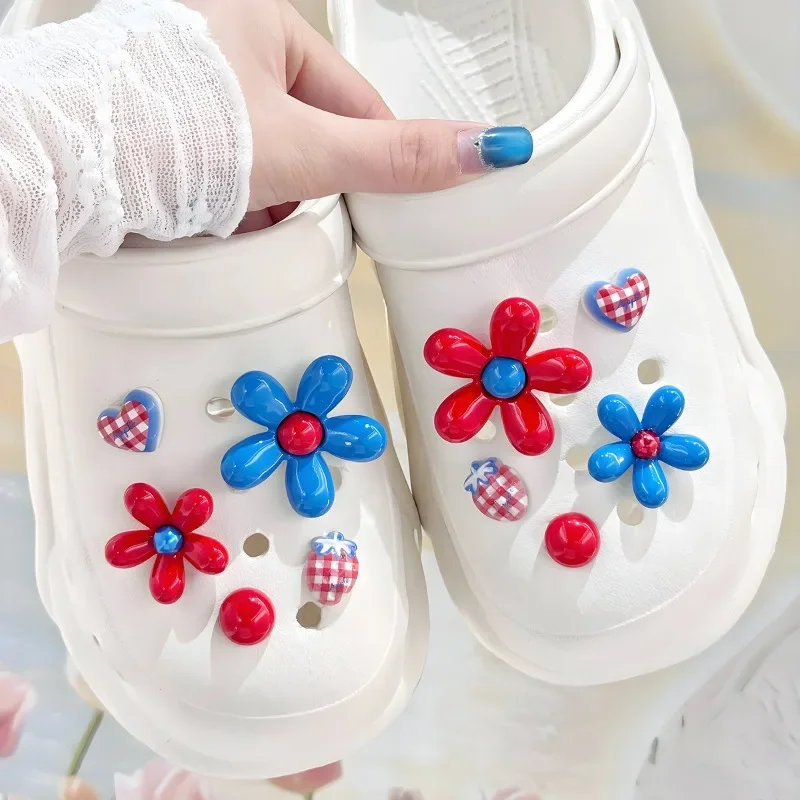 Fashion Shoe Charms Set Accessories Hole Shoe Buckle Summer Strawberry Heart Blue Red Flower DIY Shoes Decorations Holiday Gifts