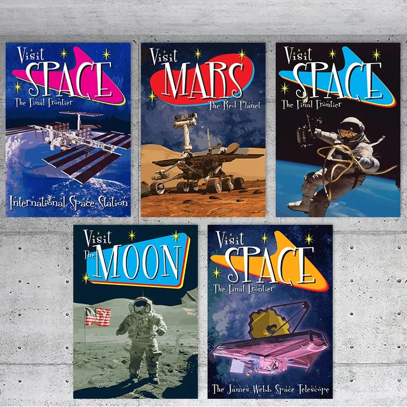 International Space Station Mars Moon Visit 1950s Retro Style Travel Poster NASA Astronaut WPA Style Art Canvas Painting Decor