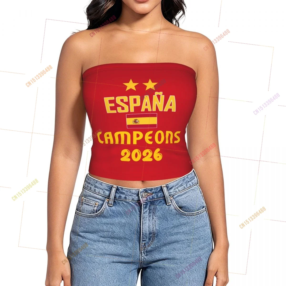 2026 Espagne 2 étoiles Champions Débardeur tube sans bretelles sans manches coupe ajustée court style streetwear basique d'été Y2k