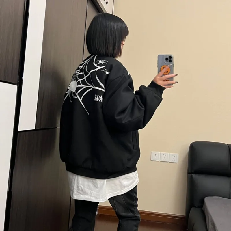 Jaquetas femininas outono inverno mais veludo espessamento bordado streetwear baggy aconchegante all-match americano retro unisex casal chique