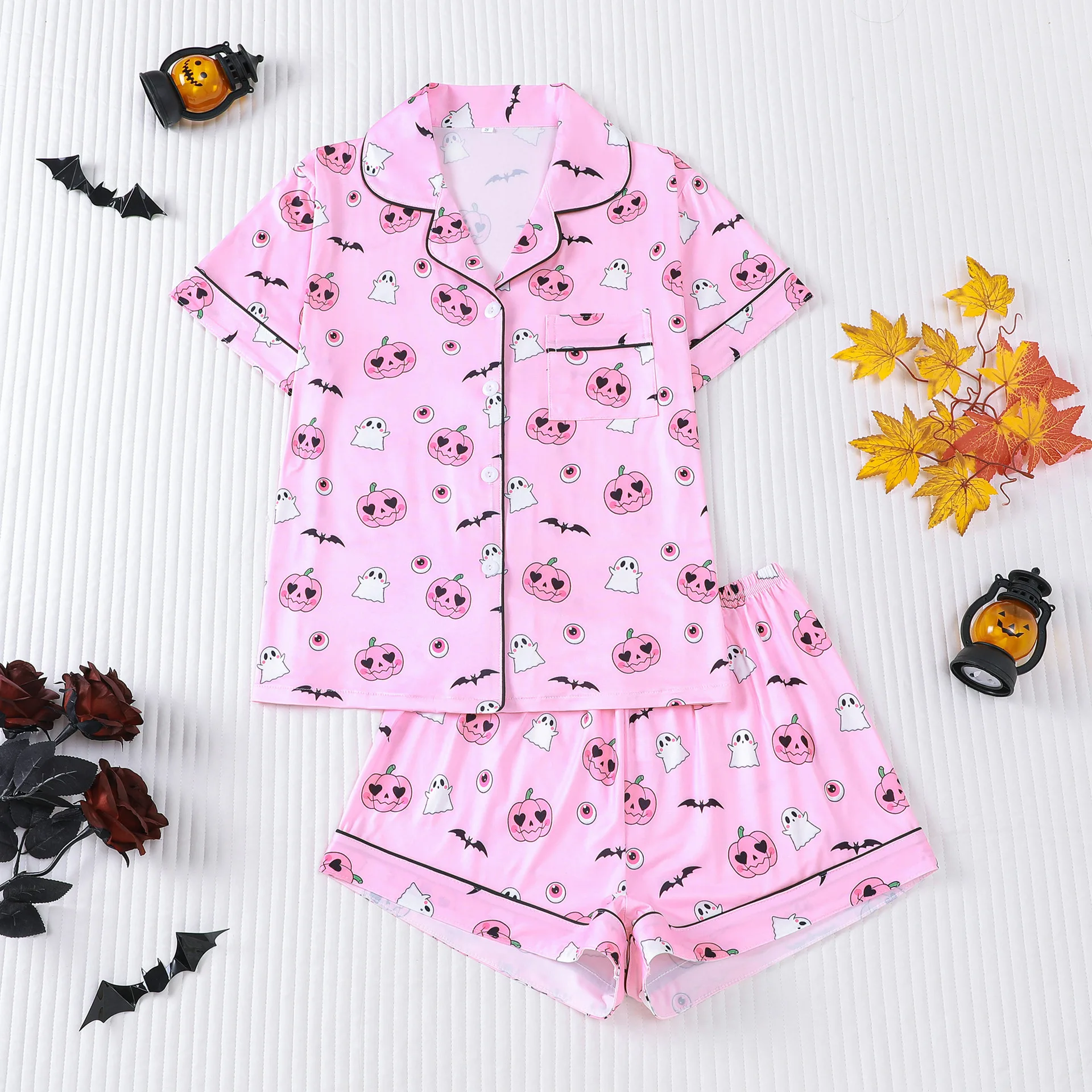 Halloween Pajama Set New Women's Pajama Halloween Printed Shorts Set Sexy Sleepwear L