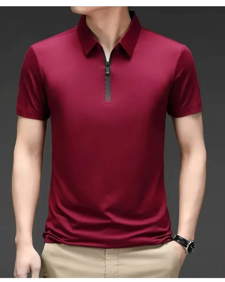 

New Arrival Men's Ice Silk Short Sleeve Polo Shirt Summer Cool Loose Casual Tops Men Half Zip Lapel Business Office T-shirt