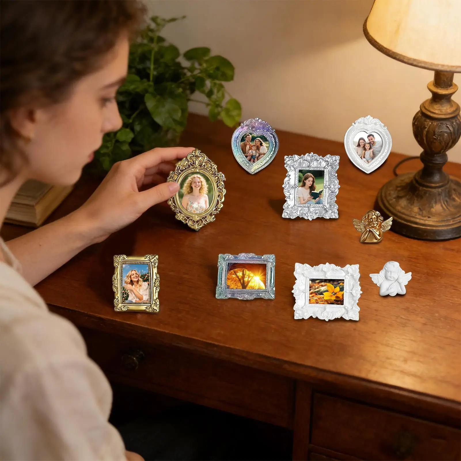 9pcs Retro Mini Photo Frames Small Antique Resin Photo Frames Desktop Jewelry Display Stands, Oval/Rectangular/Gothic Photo