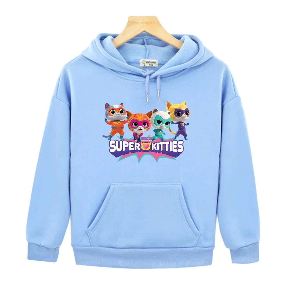 Superkitties bonito crianças hoodies casuais crianças moletom de manga longa com capuz meninos meninas roupas kawaii impressão gráfica topos