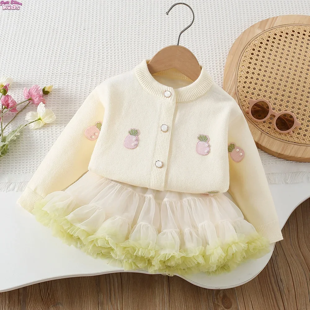 

Toddler Girl 2-6Y Kids Girls Knit Cardigan and Tulle Skirt Children's Sets Pineapple Patch Detail Sweet Infant Fashion Outfit