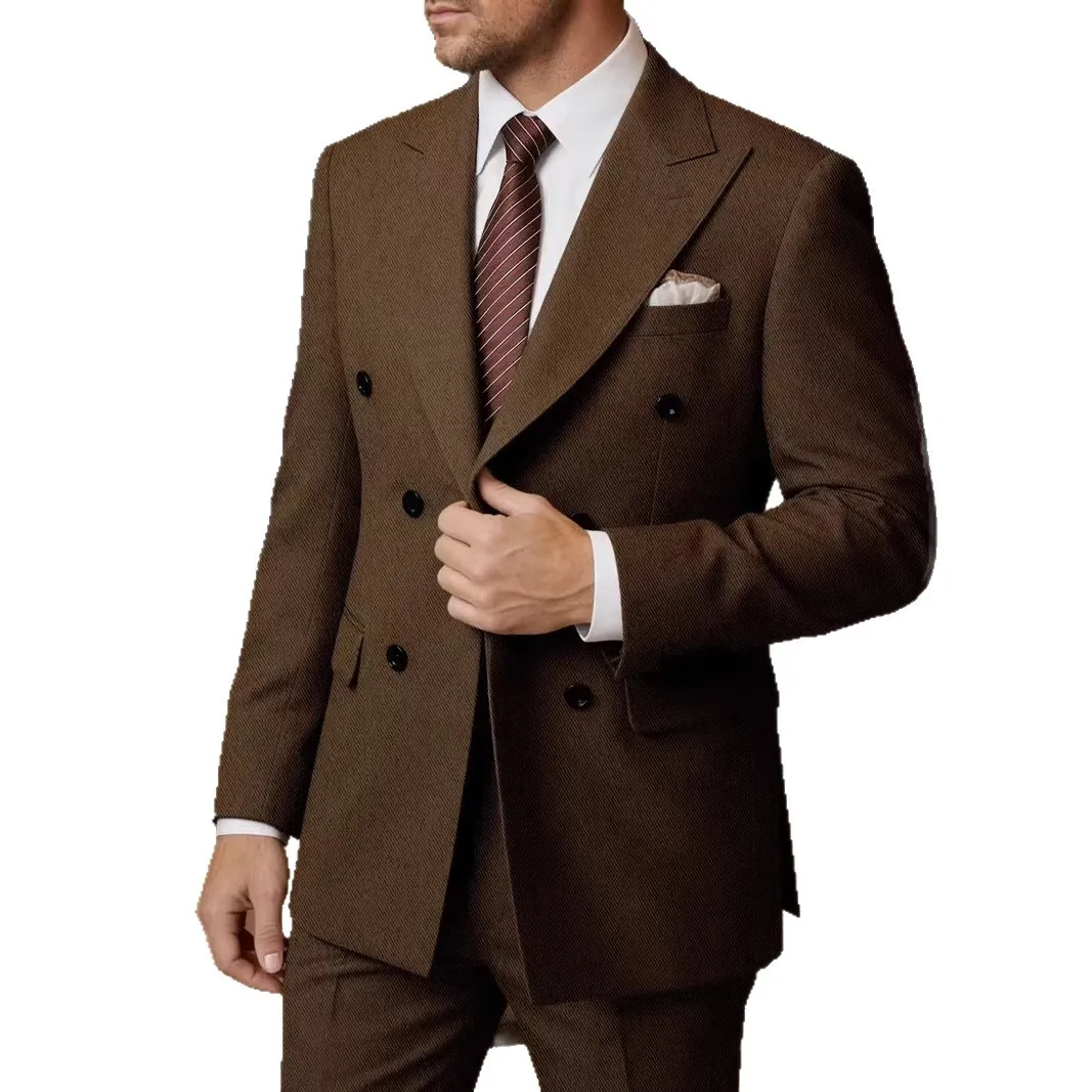 

Новый мужской костюм-двойка 2026 года с двубортным пиджаком и заостренными лацканами, цвета кофе, беж, розовый (пиджак и брюки), для повседневного и делового стиля B
