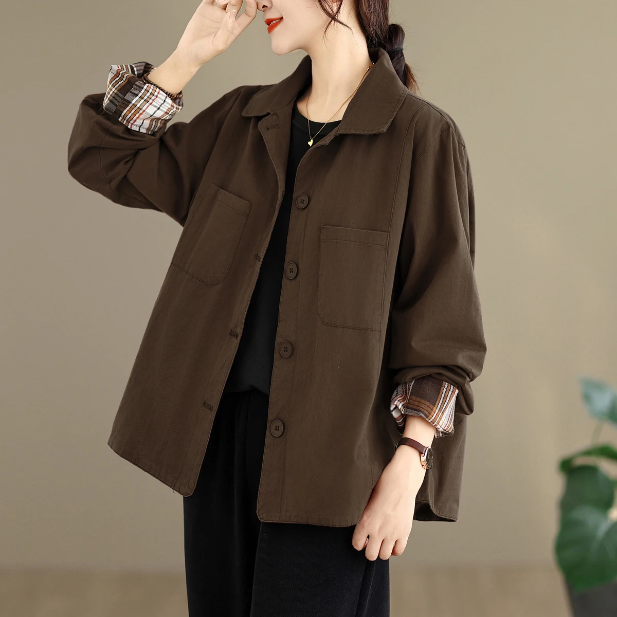 Retro Coffee Brown Loose Women's Workwear Jacket Autumn plus Size Korean Style Casual Loose Fit Meat Covering Cardigan