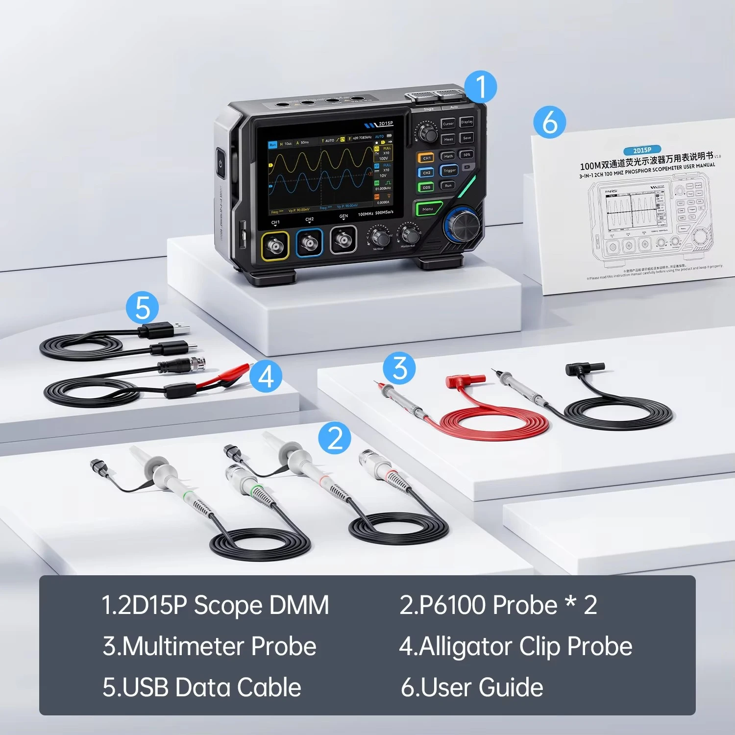 2D15P 3-in-1 Digital Multimeter Oscilloscope Signal Generator 2Channel 100MHz 20000 Counts Auto Range Voltage/Current