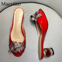 Ladies Rhinestone Flower Design High Heel Slippers round Toe Drill Heel Fashion Party Footwear