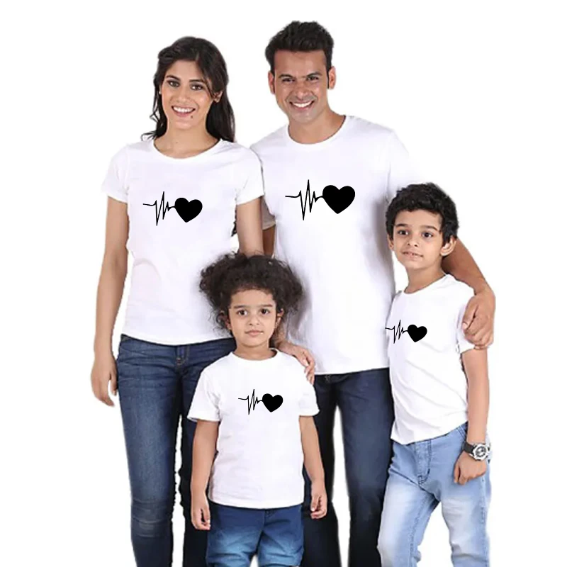 

Family Print Matching Heartbeat Summer T-Shirt Oversized Basic Clothing Outfits My Tops Family Mommy Daddy Cotton Beach Clothes