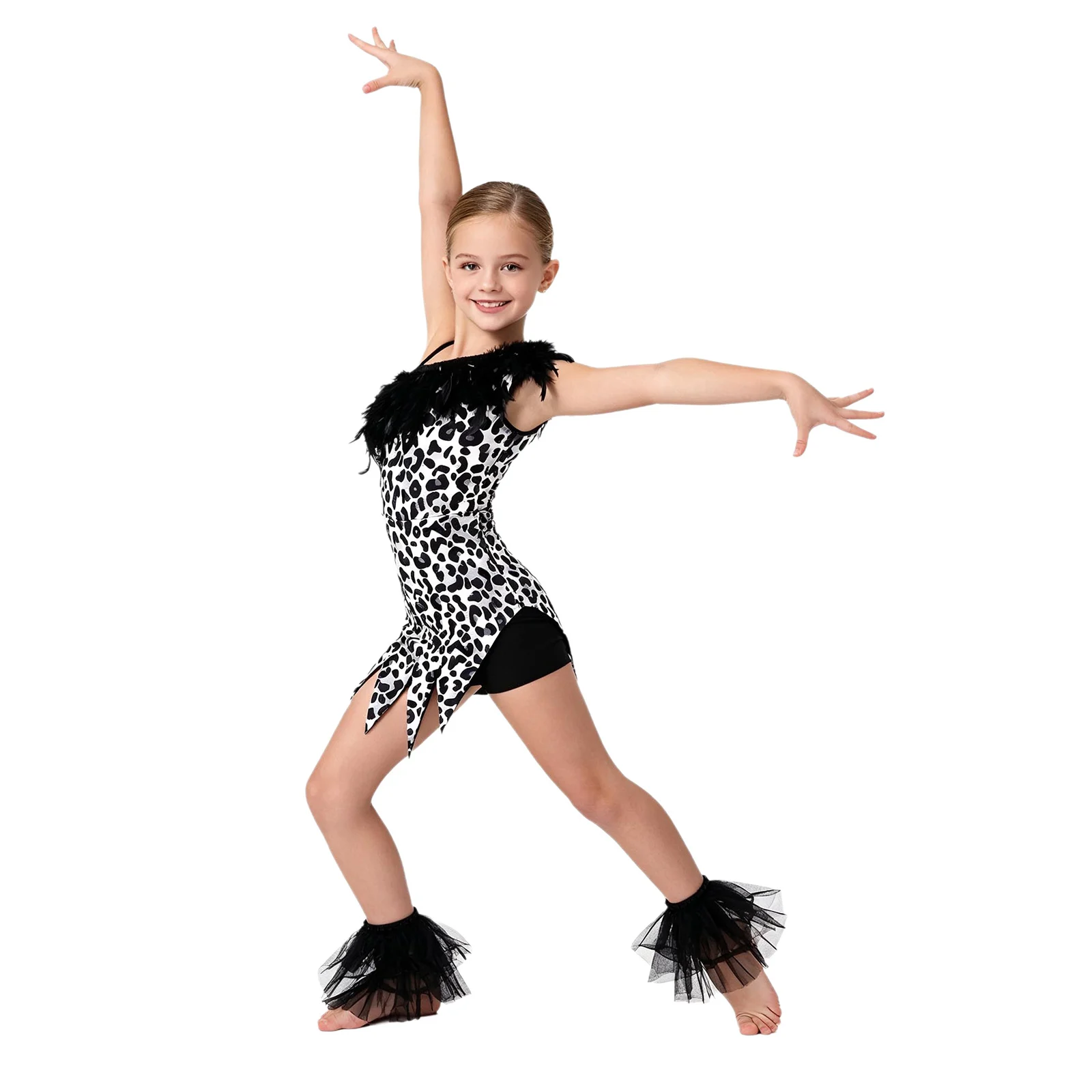 Teen Girls Latin Jazz Tango Dance Dress Primitive Tribal Cavegirl Costume One Shoulder Faux Feather Leopard Printed Leotards