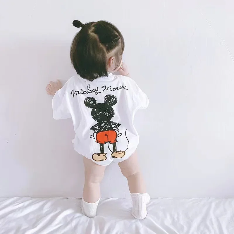 Desenhos animados do bebê recém-nascido Mickey Mouse macacão, meninos e meninas macacão, trajes infantis, bodysuits de manga curta, algodão, verão, 0-3t