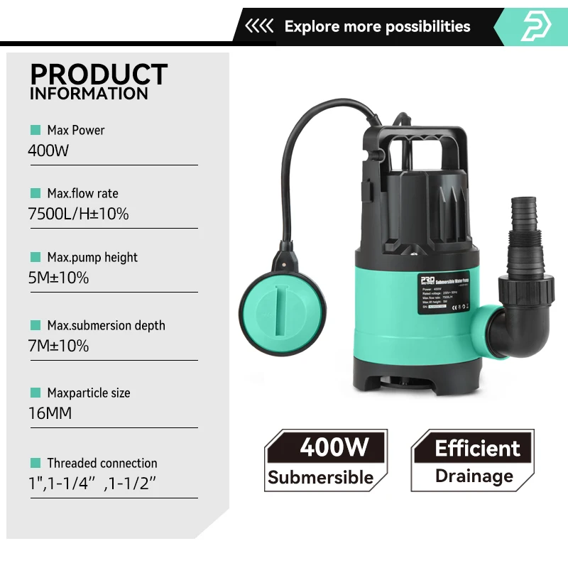 Imagem -03 - Bomba de Água Submersível 400w 7500l h Utilitária Termoplástica Elétrica Portátil Transferência Piscina Lago Drenagem Bomba de Depósito por Prostormer