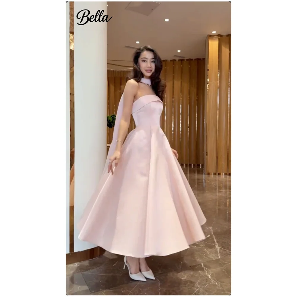 Bella Customized Strapless A-line Ankle-Length Wedding Dress Party Dress Soft Blush pink Satin Simple Elegant Cocktail Dress