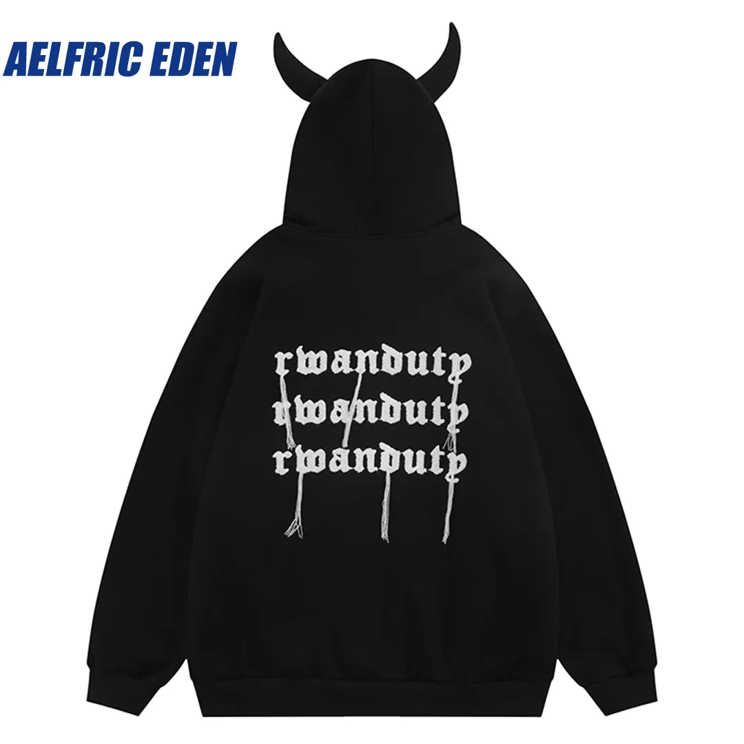 Aelfric Eden Devil Head Hoodie Y2K 2023 Men Hip Hop Hoodie Sweatshirt Retro Harajuku Pullover Streetwear Cotton Loose Hooded Top