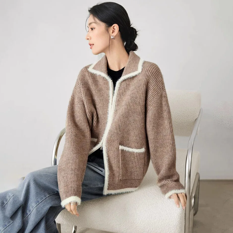 

Long Sleeve Polo Collar Thickened Out Women's Faux Fur Contrast Color Knitted Sweater Coat Zipper Cardigan Sweet Gentle Style