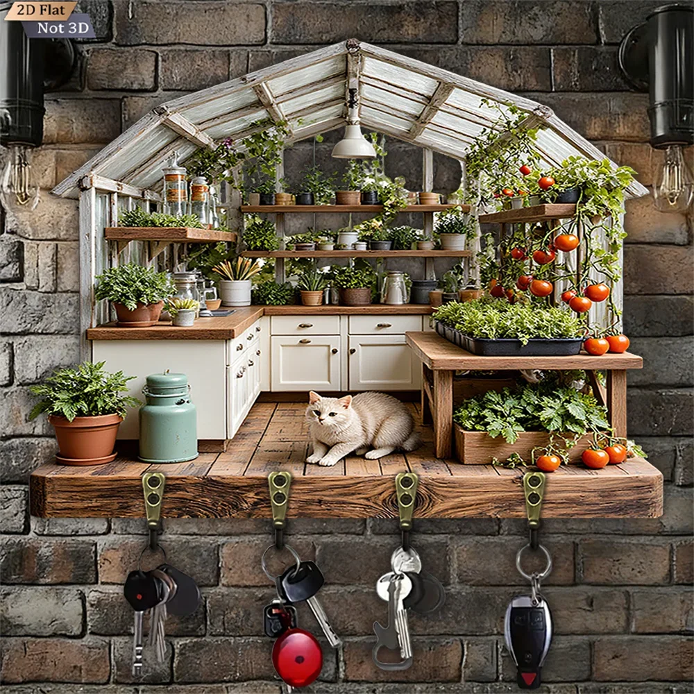 2D Flat, 1pc, Pastoral Wooden Key Hook, Wooden Multifunctional Home House Key Hook, with Four Metal Hooks, Wall Decoration,