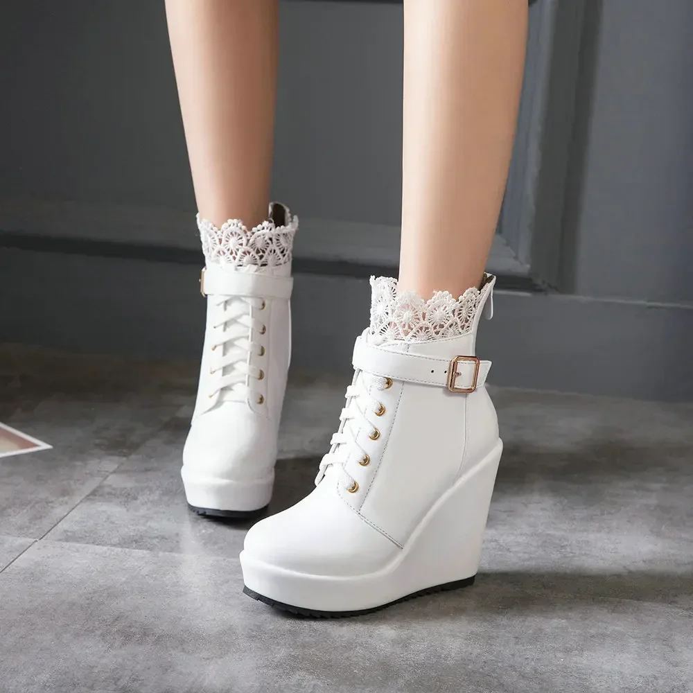 Size 34-43 Winter Buckle Super High Wedges Platform Ankle Boots for Women Lace Up White Black High Heel Ladies Shoes Bootie