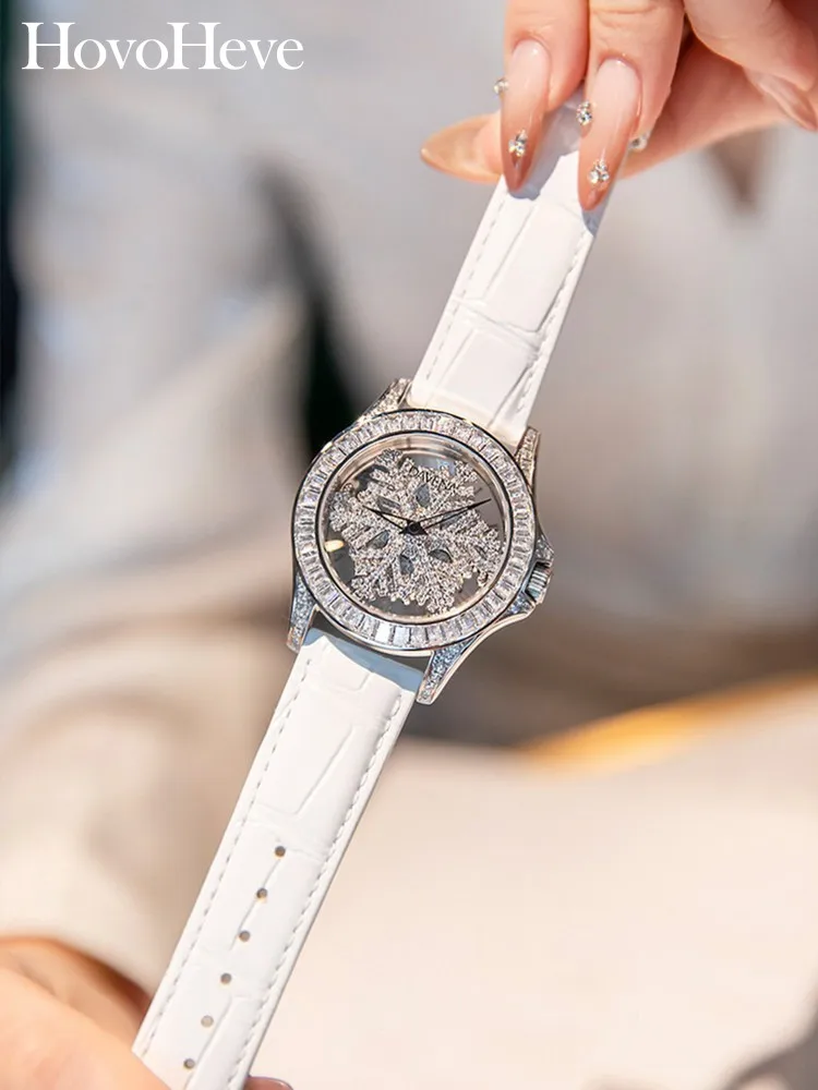 Italian Designer Diamonds Snow Quartz Watch Elegant Women Office Work Accessory Fashion Genuine Leather Strap Pin Buckle Watches