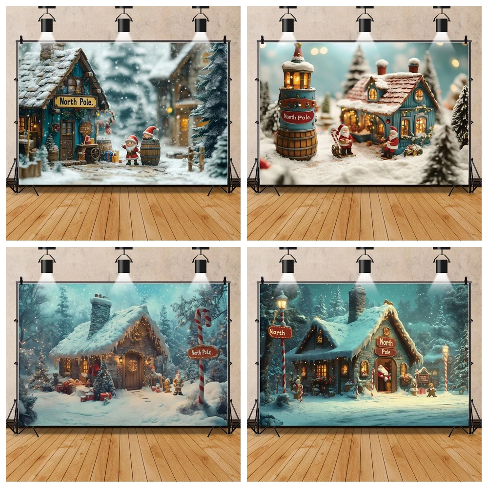 

Christmas Photography Background North Pole Candy Cane Town Fairy Tale Backdrop Santa Claus Gift Kid Winter Outdoor Photocall