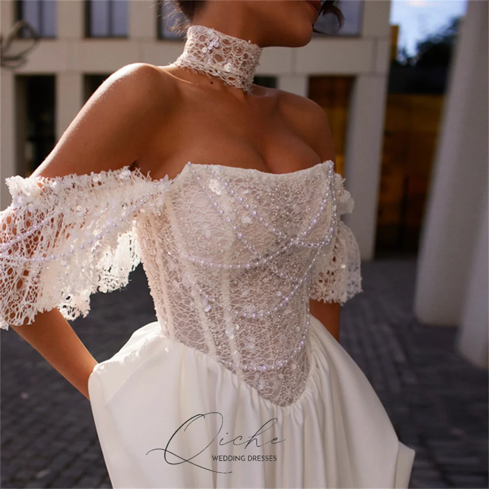 QICHE-Vestido De Novia moderno De encaje, corte en A, hombros descubiertos, cuentas, cuello barco, Espalda descubierta, plisado, personalizado