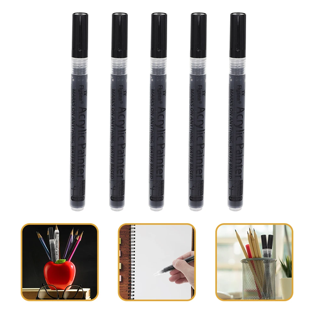 

5pcs Acrylic Markers Black Paint Pens Graffiti Drawing Sketching Writing Illustration Fine Tip Ergonomic Design Smooth Color