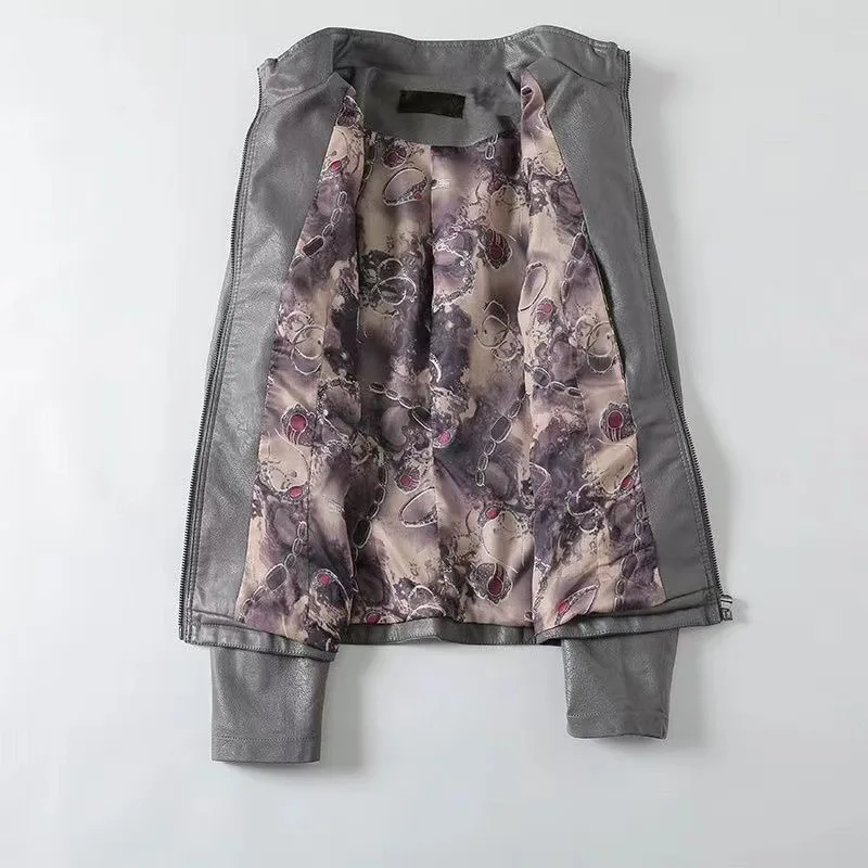 秋の女性用シープスキンコート、大きいサイズ3XL、レザージャケット、女性用スタンドカラー、スリムジップレザートップス、内側カラーブロックデザイン